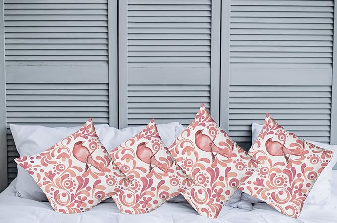 Ambesonne Watercolor Throw Pillow Cushion Case Pack of 4, Bird on Tree Branch Floral Swirls Curves Little Dots Wildlife, Modern Accent Double-Sided Digital Printing, 20", Rose White