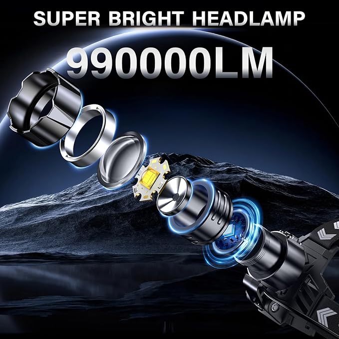 FINICO Rechargeable LED Headlamp 99000 High Lumens, 95 Hours Long Lasting Head Light with Zoomable & IPX7 Waterproof & 12 Modes & 125° Adjustable, Powerful Head Lamp for Outdoor (2 Pack)