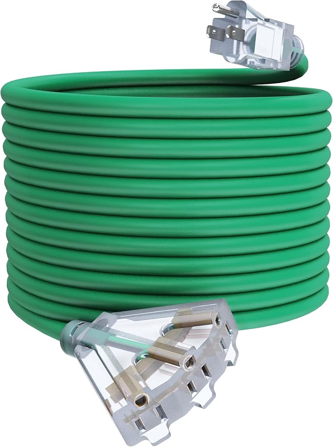 50Ft 12/3 Outdoor Extension Cord with 3-Outlets, Heavy Duty 12 Gauge 3 Prong Extension Cord Waterproof with Lighted end, 15A 12AWG 1875W SJTW, ETL Listed - Great for Garage, Garden and Home, Green