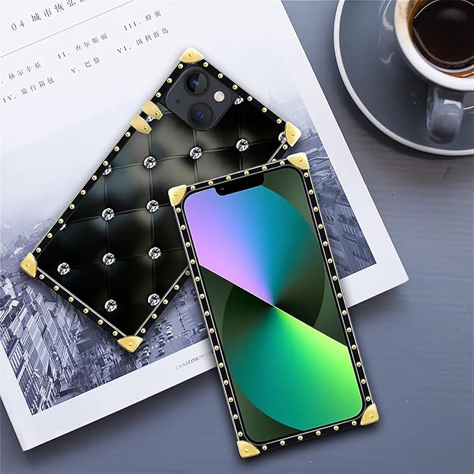 Compatible with iPhone 13 Case, Shiny Black Sofa Crystal Luxury Golden Decoration for Girl Women Soft TPU Shockproof Protective Hard PC Back for iPhone 13