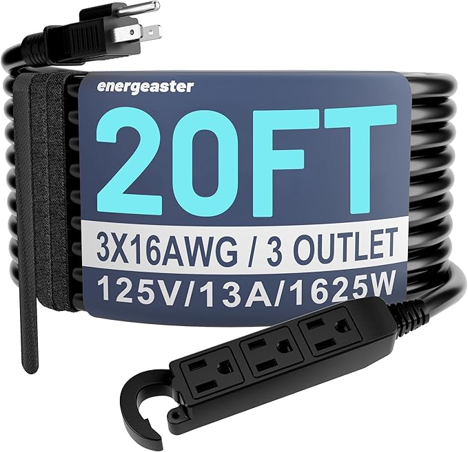 16/3 20 Ft 3 Outlet Extension Cord Outdoor Waterproof, Black Extension Cords with Multiple Outlets, 3 Prong Electrical Cord with Multi Outlet Outside 13A 1625W 16AWG, ETL Listed
