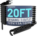 16/3 20 Ft 3 Outlet Extension Cord Outdoor Waterproof, Black Extension Cords with Multiple Outlets, 3 Prong Electrical Cord with Multi Outlet Outside 13A 1625W 16AWG, ETL Listed