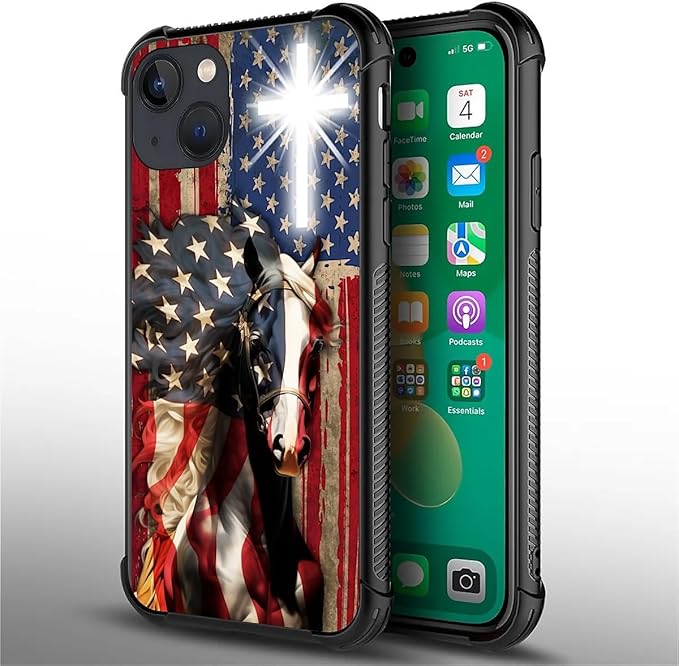 for iPhone 13 Mini Case, Red American Flag Horse Cross Pattern Made of Soft Silicone Hard Acrylic Shock Protection for iPhone 13 Mini