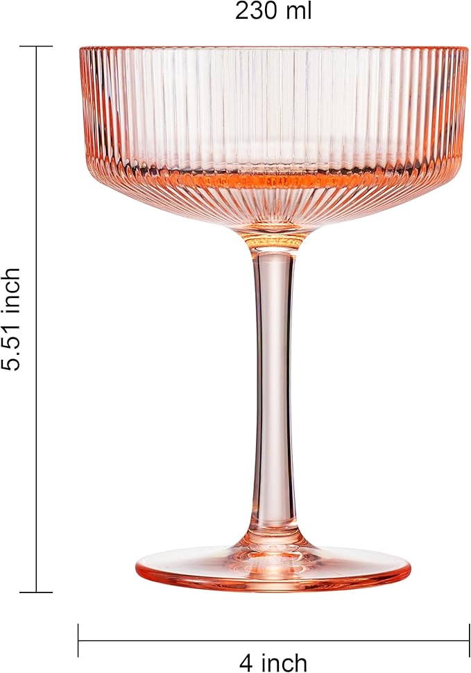 Khen Shatterproof Acrylic Ribbed Vintage Art Deco Martini, Champagne & Cocktail Pink Peach Tint Color Plastic Coupe Glasses | Set of 6 | 8oz Ripple Glassware Cocktail Indoor & Outdoor European Style
