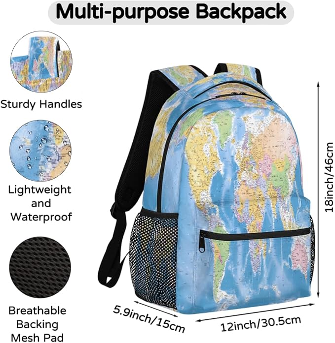 Backpacks Globe World Map School Bag Student Bookbag Adjustable Shoulder Bags Laptop Rucksack Travel Hiking Camping Daypack for Teens Girls Boys Women Men