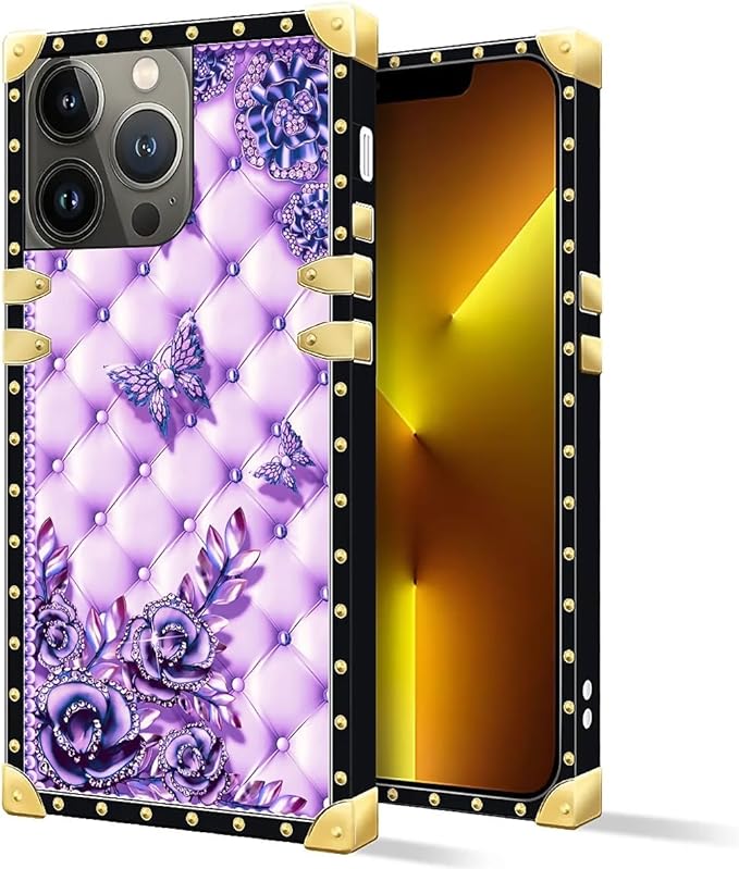 Compatible with iPhone 13 Pro Case, Purple Butterfly Flowers Leaf Luxury Golden Decoration for Girl Women Soft TPU Shockproof Protective Hard PC Back for iPhone 13 Pro
