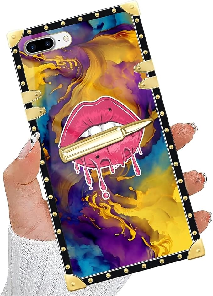 Compatible with iPhone 8 Plus 7 Plus Case, Cool Corlorful Lip Marble Luxury Golden Decoration for Girl Women Soft TPU Shockproof Protective Hard PC Back for iPhone 8 Plus 7 Plus