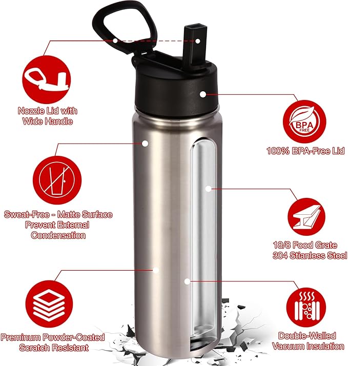 Volhoply 24 Ounce Insulated Water Bottle with Straw Lid,Stainless Steel Wide Mouth Sport Bottles with Handle,Double Wall Vacuum Cups Keep Cold,Reusable Travel Thermal Cups For Holder,Gym(Silver,1)