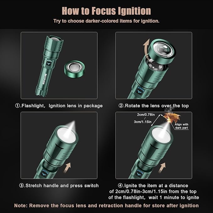 SKYFIRE LED Flashlights High Lumens with Ignition Lens,3000lm Super Bright Rechargeable Flashlight,Zoomable,4 Modes,Waterproof Tactical Flash Light for Camping Essentials,Outdoor and Home,Gift