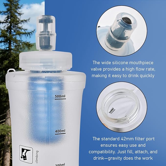 700ML Collapsible Water Bottle with Filter for Hiking, Camping & Travel - TPU Soft Flask, 0.1 Micrometer Hollow Fiber Membrane for Clearer, Better Tasting Outdoor Water(White)