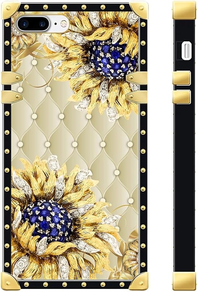 Compatible with iPhone 8 7 SE Case, Sunflower Diamonds Leather Luxury Golden Decoration for Girl Women Soft TPU Shockproof Protective Hard PC Back for iPhone 8 7 SE