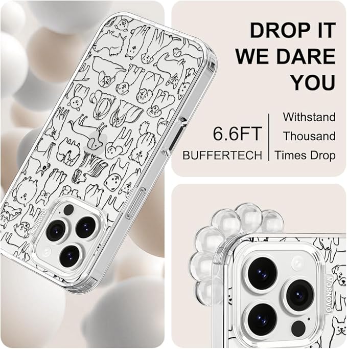 MOSNOVO Case for iPhone 16 Pro Max, [Buffertech 6.6ft Military-Grade Drop Protection] [Anti Peel Off Tech] Clear TPU Bumper Phone Case Cover Design - Doodle Dog