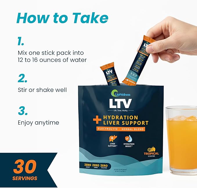 UpWellness LTV Liver Hydration Packets - Electrolytes Powder Packets for Instant Hydration and Liver Support - Physician-Formulated - Zero Added Sugar - 30 Packets - Delicious Tropical Punch Flavor