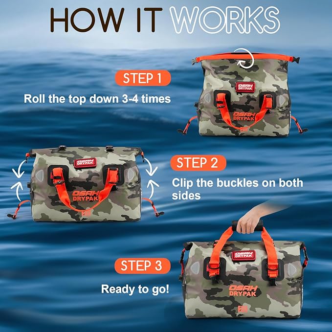 OSAH DRYPAK Waterproof Duffel Bag - Motorcycle Dry Bag Tail Bag with Large Storage Space, Waterproof Luggage Duffle Bags with Outer Mesh Zipper Pocket for Camping, Kayaking, Fishing & Traveling