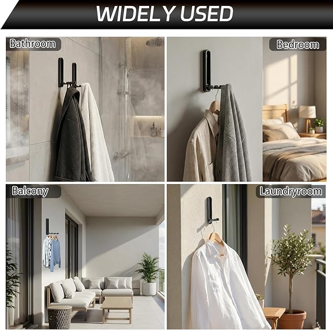 Dntorx 2 Pcs Extended Folding Coat Hooks Wall Mounted, 4.33 in Black Foldable Wall Hooks Heavy Duty Valet RV Hooks Bathroom Towel Hooks Robe Hooks for Hanging Towels Clothes Coat Hat Bags