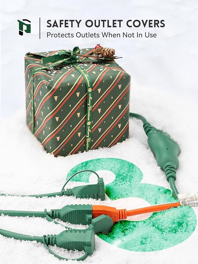 PLUGTUL 42FT Outdoor Extension Cord with Multiple Outlets, 1 to 3 Splitter Max 30 FT End to Male Plug (Total 42FT) 16/3 SJTW Waterproof Power Cord for Halloween Christmas, ETL Listed, Green