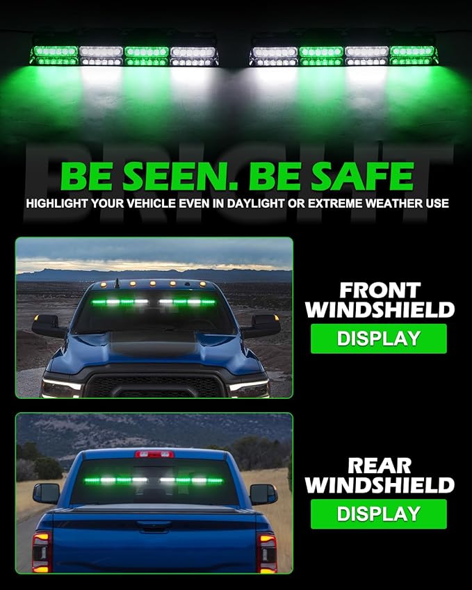 HLauto 604N Emergency Dash Strobe Lights: 2x16.8 inch Green White Security Light with/Take Down, 48 LED Safety Flashing Warning Hazard Interior Windshield Light Bar for Trucks Vehicles
