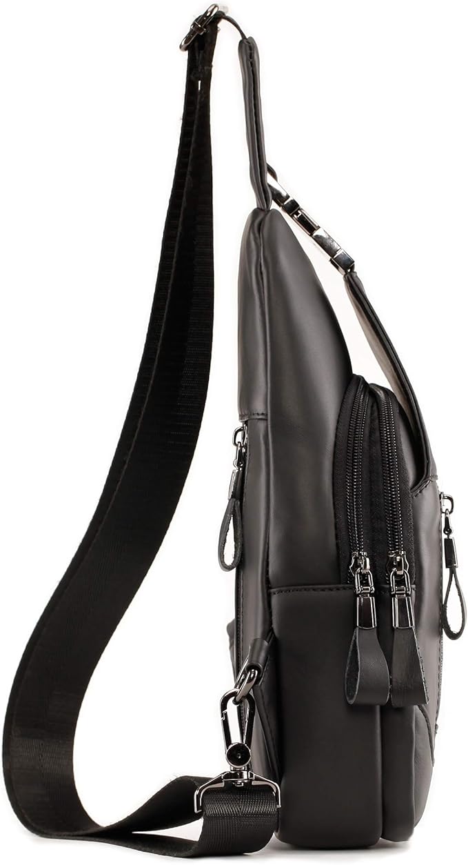 Hebetag Leather Sling Bag Hiking Daypack for Men Women Outdoor Travel Camping Fishing Crossbody Shoulder Chest Pack Daypack Small Black