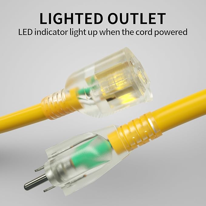 POWGRN 200 Ft 10AWG Outdoor Extension Cord Waterproof Heavy Duty 10 Gauge 3 Prong, Flexible Cold-Resistant Long Power Cord Outside with Lighted Indicator End, 15Amp 1875W SJTW Yellow ETL Listed