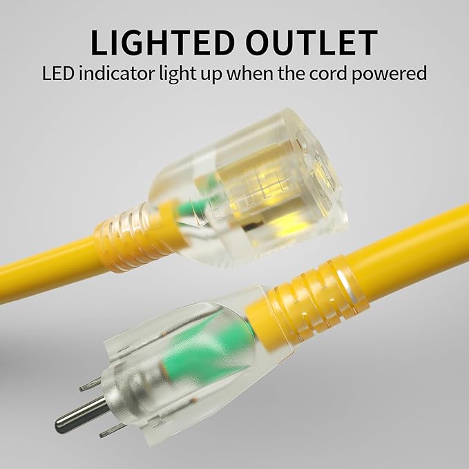 POWGRN 15 Ft 10AWG Outdoor Extension Cord Waterproof Heavy Duty 10 Gauge 3 Prong, Flexible Cold-Resistant Power Cord Indoor & Outside with Lighted Indicator End, 15Amp 1875W SJTW Yellow ETL Listed