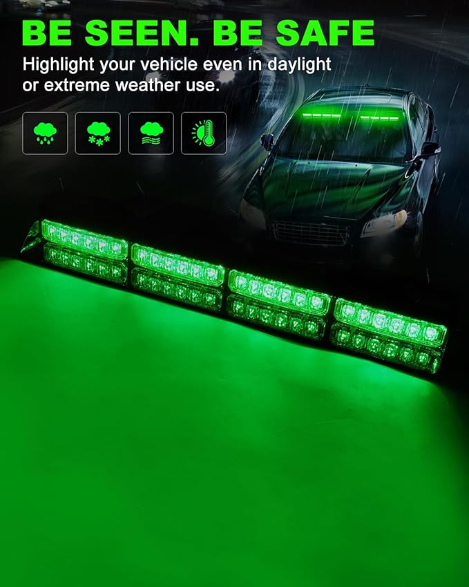 HLauto 6Z4J Emergency Dash Strobe Lights: 2x16.8 inch Green Safety Lights, 48 LED Flashing Warning Hazard Interior Windshield Visor Traffic Light Bar for Trucks, Construction Vehicles