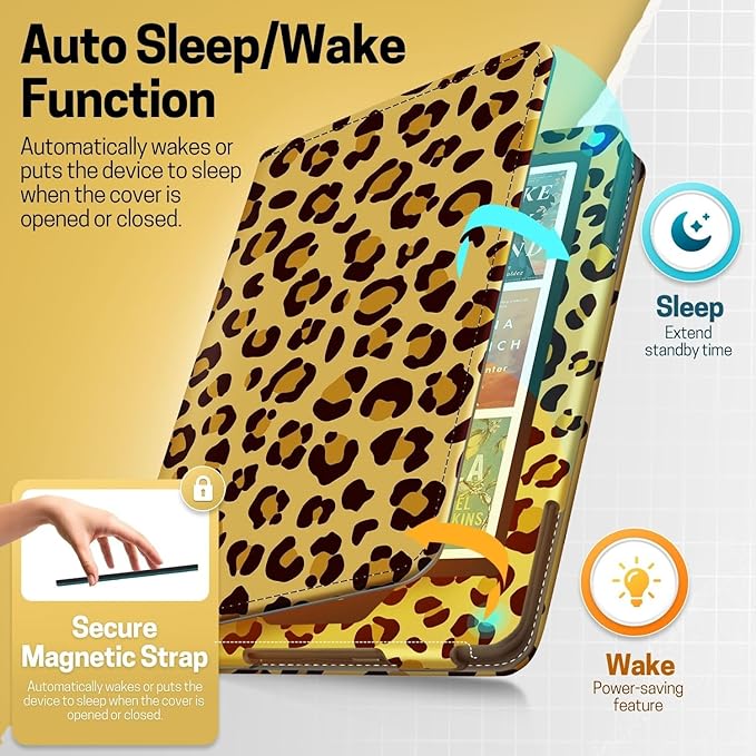 TNP Stand Case for Kindle Paperwhite 12th Generation 2024 / Kindle Colorsoft Signature Edition with Hand Strap & Card Slot - 7" PU Leather Protective Folio Cover with Auto Wake/Sleep, Leopard Yellow