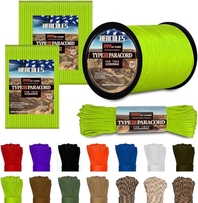 HERCULES Type III Paracord 550 Paracord Rope Parachute Cord, 250' Neon Green for Camping Cord, Survival Rope