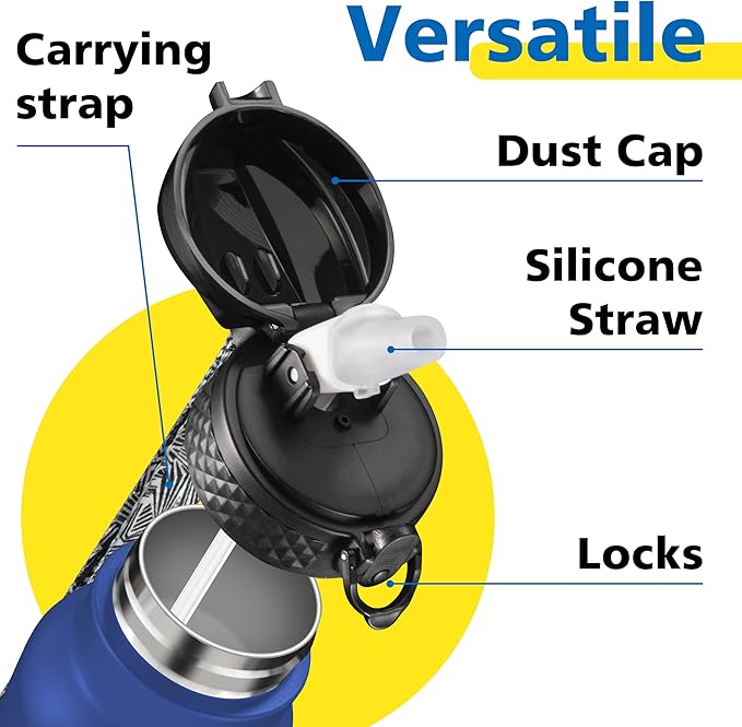 Han's Bottle Sports Water Bottle - 32 Oz, Straw Lid, Leak Proof, Vacuum Insulated Stainless Steel, Double Walled, Thermo Mug,Navy Blue