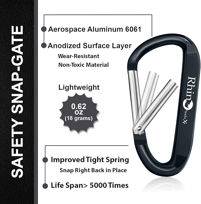 Rhino Produxs 8PCS of Lightweight Duty Snap Carabiner Clips, D Ring Shape Carabiner with 8PCS Keyring - Excellent for Outdoor, Camping, Hiking, Keychains, Water Bottle, Keychain Hook