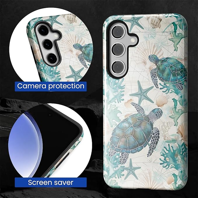 for Samsung Galaxy S24 Case,HL2 Ocean Sea Turtle Nautical Map Hybrid 2 Layer Hard Shell Silicone Protective Pattern Design Case