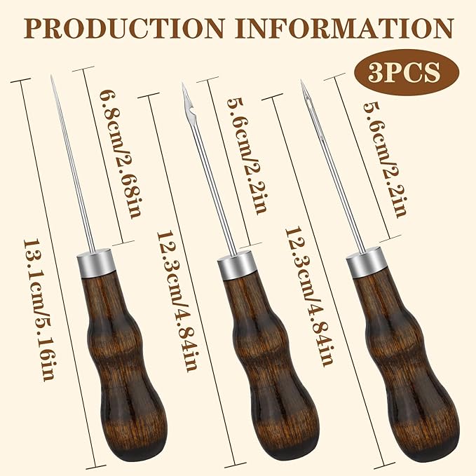 ZXIIXZ 3 Pcs Sewing Awl, Leather Scratch Hollow Hook Awl Tool Kit, Awl Tool Sewing Supplies with Gourd Shape Wooden Handle for DIY Leather Sewing Stitching Bookbinding Punching Repairing Craft