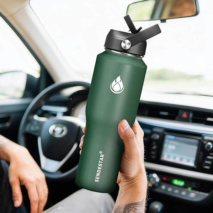 SENDESTAR Water Bottle,Wide Mouth Stainless Steel Vacuum Insulated Double Wall Keep Liquids Cold or Hot All Day,Sweat Proof Sport Design,Fit Car Cup Holder,Dark Green,32 Ounces