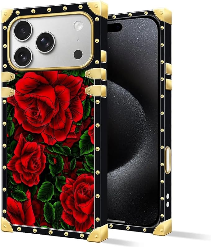 for iPhone 17 Pro Max Case Luxury Golden Decoration for Girl Women Soft TPU Shockproof Protective Hard PC Back for iPhone 17 Pro Max Crazy Pattern Vector Red Rose Green Leaf