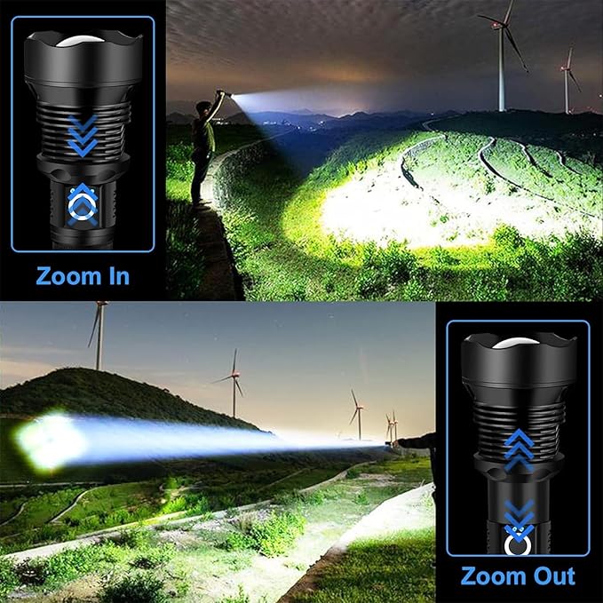 OMALIGHT Rechargeable LED Flashlight, 90,000 Lumens Super Bright Tactical Flashlights with Zoomable 10 Modes Waterproof Flash Light for Camping Emergencies Outdoor Indoor