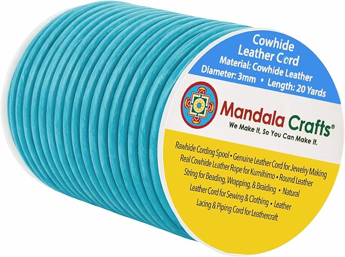 Mandala Crafts Round Genuine Turquoise Leather Cord for Jewelry Making – 3mm Cowhide Leather Rope String Lace for Kumihimo – 20 Yards Cowhide Craft Cording Spool