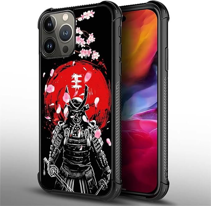 for iPhone 15 Pro Max Case, Sakura Japanese Samurai Pattern Graphic Design Girl Boy Soft Silicone Hard Acrylic Shock Protection for iPhone 15 Pro Max