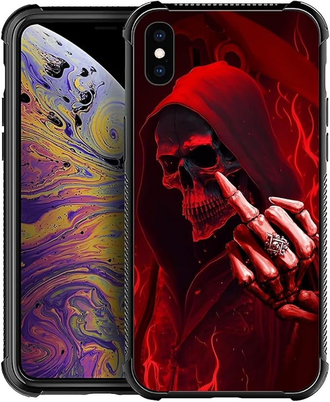 for iPhone Xs Max Case, Gestures Funny Skull Pattern Graphic Design Girl Boy Soft Silicone Hard Acrylic Shock Protection for iPhone Xs Max