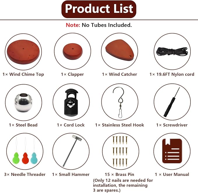 Wind Chime Replacement Parts, 28 PCS Windchime Repair Kit Including Round Top, Clapper, Wind Catcher, 19.6FT Nylon Cord, DIY Wind Chime Supplies (Light Brown)