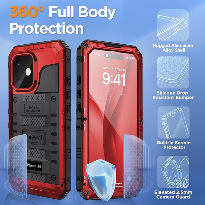 Mitywah Waterproof Case for iPhone 16, Shockproof Heavy Duty Case with Built-in Screen Protector, Underwater Full Body Protective Metal Case 6.1 inch, Red