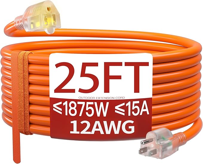 25 FT 12 Gauge Extension Cord Outdoor, Heavy Duty Weatherproof & Flame Retardant Orange 3 Prong Power Cord with Light, Outside for Lawn & Garden, 15 Amps 1875 Watts 125 VAC 12AWG SJTW, ETL Listed