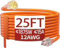 25 FT 12 Gauge Extension Cord Outdoor, Heavy Duty Weatherproof & Flame Retardant Orange 3 Prong Power Cord with Light, Outside for Lawn & Garden, 15 Amps 1875 Watts 125 VAC 12AWG SJTW, ETL Listed