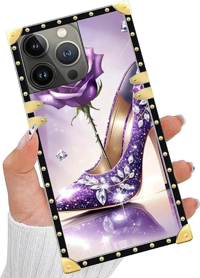 Compatible with iPhone 15 Pro Max Case, High Heeled Purple Diamond Rose Luxury Golden Decoration for Girl Women Soft TPU Shockproof Protective Hard PC Back for iPhone 15 Pro Max