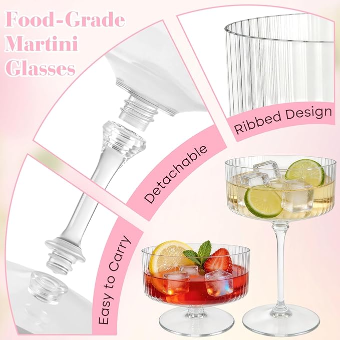 PLULON 12 Pcs Clear Martini Glasses Set 10 Oz Plastic Ribbed Coupe Glass, Cocktail Glasses Champagne Cup Tower Vintage Margarita Glassware for Cocktail Wine Bar Drinking Wedding Party Outdoor Events