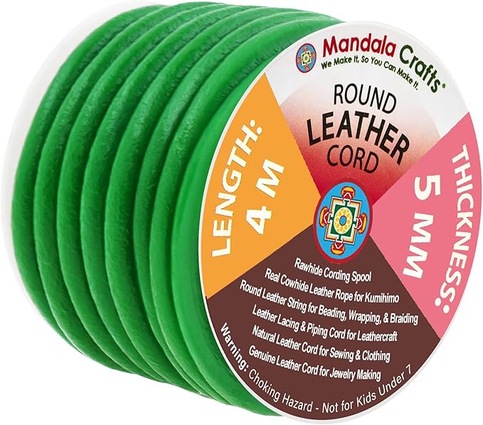 Mandala Crafts Round Genuine Green Leather Cord for Jewelry Making – 5mm Cowhide Leather Rope String Lace for Kumihimo – 4.4 Yards Cowhide Craft Cording Spool