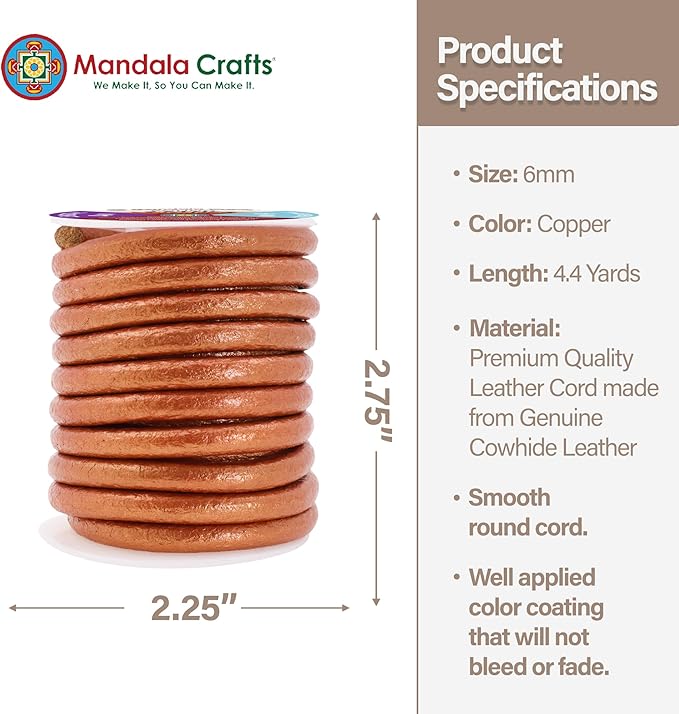 Mandala Crafts Round Genuine Copper Leather Cord for Jewelry Making – 6mm Cowhide Leather Rope String Lace for Kumihimo – 4.4 Yards Cowhide Craft Cording Spool