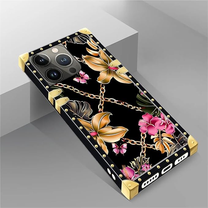 Compatible with iPhone 14 Pro Case, Pink Golden Chain Tropical Flower Luxury Golden Decoration for Girl Women Soft TPU Shockproof Protective Hard PC Back for iPhone 14 Pro