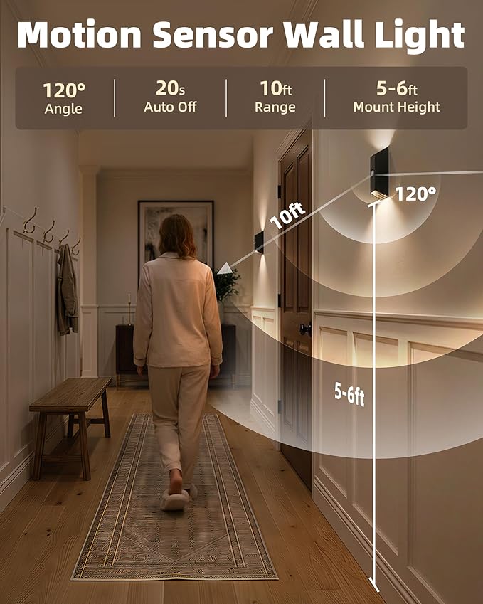 EZVALO Motion Sensor Wall Lights, 4000mAh Rechargeable Battery Operated Wall Sconces Set of 2, 3 Color Temps, Dimmable, Wireless Magnetic Night Light with Remote, Timer, for Hallway, Stair, Bedroom