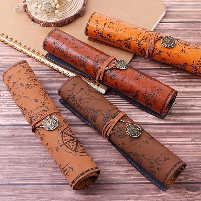 4 Color Leather Pen Case Vintage Pencil Bag Roll Map Compass Pattern Rolling Brown Matte Smooth Cover Storage Organizer Holder Portable Stationery Pouch for Artists Writers Travel
