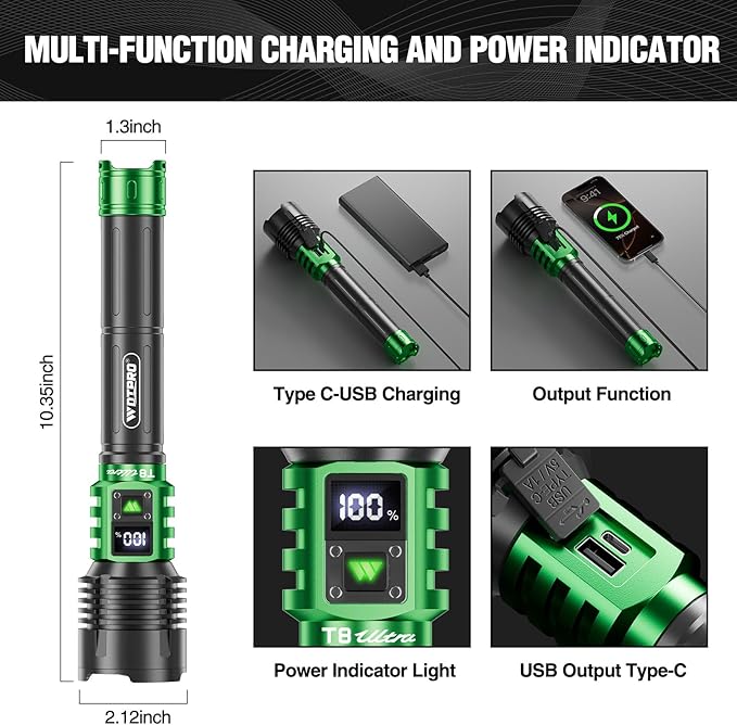 WdtPro Rechargeable LED Flashlights High Lumens, Super Bright 90000LM Rechargeable Flashlight with LCD Display, 5 Modes & Waterproof Powerful 10000mAh 30H Flashlight for Camping Emergency Green