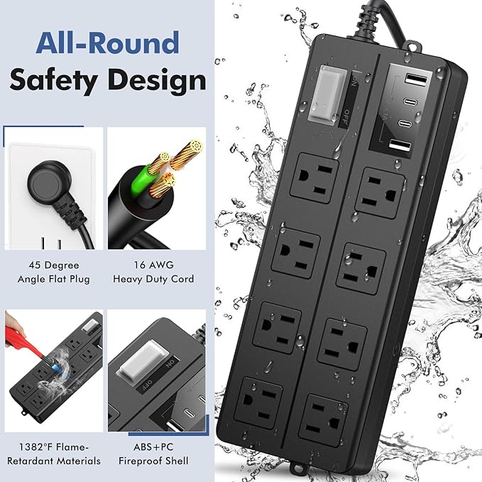 15FT Outdoor Waterproof Power Strip Surge Protector with 8AC Outlets 4USB Ports Power Switch Safety Lock, ETL Certified for Patio Garden Charging